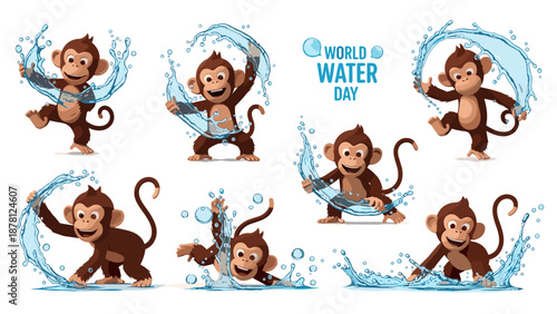 Set of seven playful cartoon monkeys celebrating water day activities