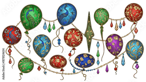 Colorful beaded necklace with globe and decorative charms chain