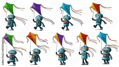 Collection of playful robots holding colorful umbrellas