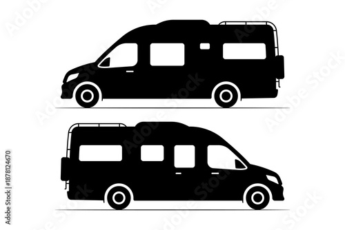 Motorhome icon. Camper. Black silhouette. Side view. Vector simple flat graphic illustration. Isolated object on a white background.