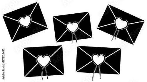 Set of five black and love letter icons with heart seals