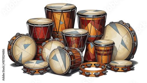 Collection of traditional drums with wooden and animal skin surfaces
