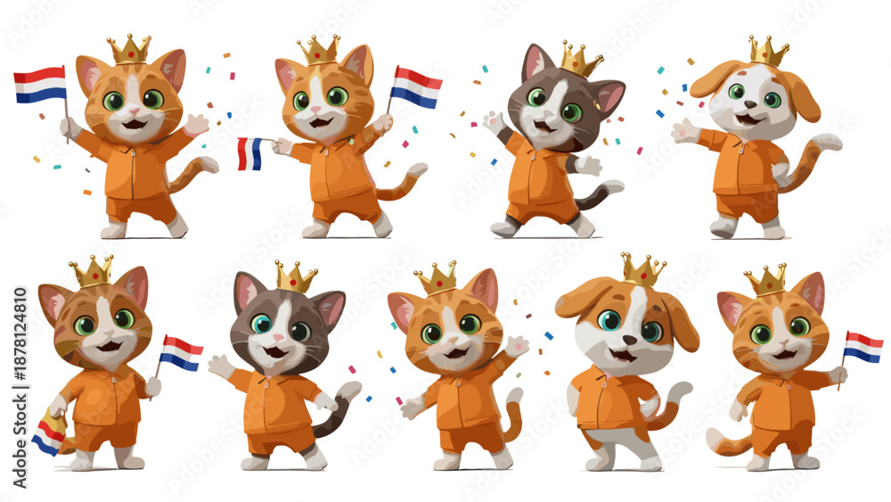 Fototapeta premium Collection of cute cartoon animals celebrating with flags and joyful expressions