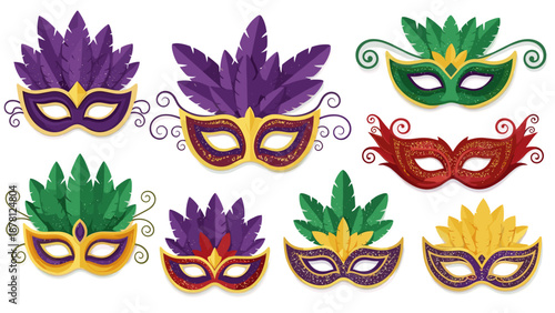 Collection of colorful carnival masks with feathers and decorative details