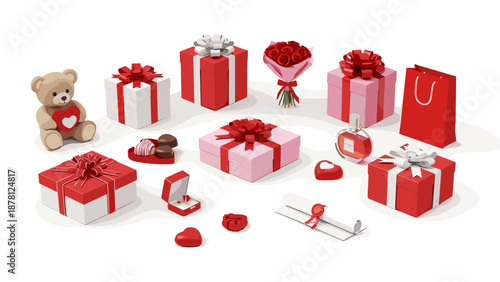 Collection of wrapped gift boxes with ribbons and accessories
