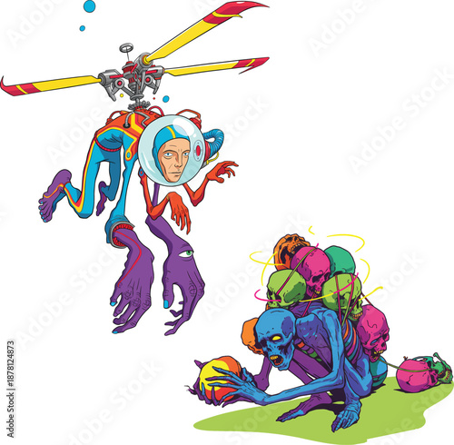 Surreal Vector Illustration Set of Helicopter Man Mutant and Skeleton Collector