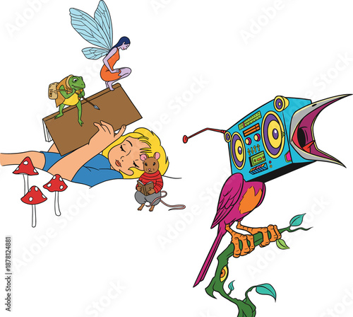 Vector Illustration of Girl Reading with Fairy and Surreal Bird with Boombox Head