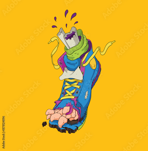 Grunge Vector Illustration of Tattered Blue Sneaker with Toes and Bone Exposed