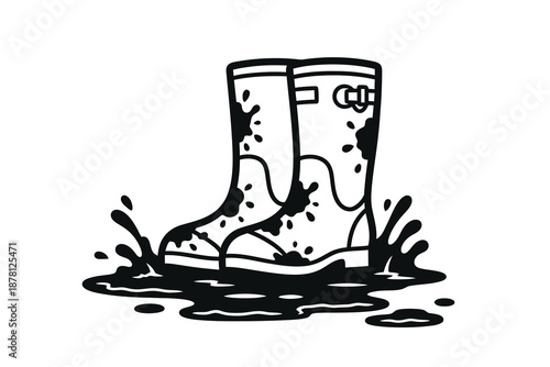 Black and white illustration of rain boots in a muddy puddle