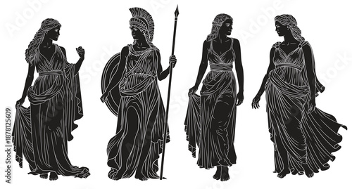 Four figures of ancient Greek women in tunics, isolated on white background.