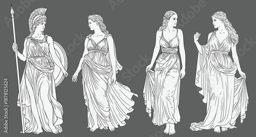 Four figures of ancient Greek women in tunics, isolated on grey background. Color illustration.
