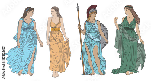 Four figures of ancient Greek women in tunics, isolated on white background. Color illustration.