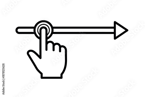 Black and white illustration of a hand clicking on a button with an arrow