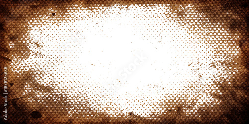 An old rusty metal plate background features a grunge orange texture with an artistic halftone dot pattern and yellow light effects for a unique vector illustration design element