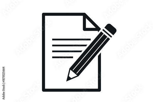 A black and white icon of a pencil on a document with lines