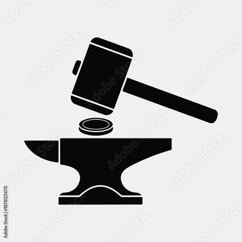 Silhouette blacksmith hammer striking gold coin on metal anvil vector illustration
