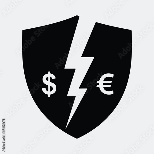 Silhouette broken shield lightning bolt dollar euro sign financial crisis concept vector illustration