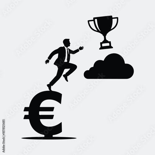 Silhouette ambitious businessman running on euro currency reaching success trophy vector illustration