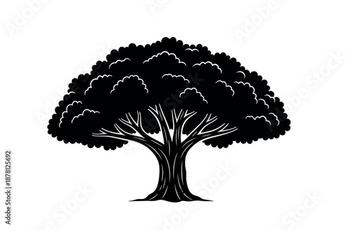 A black silhouette of a tree with a thick trunk and leafy canopy