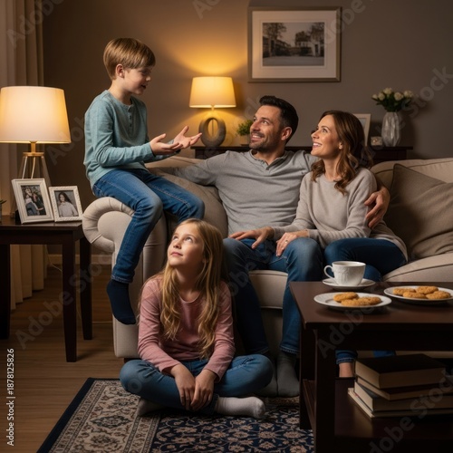 Family enjoying quality time together in cozy living room at night.