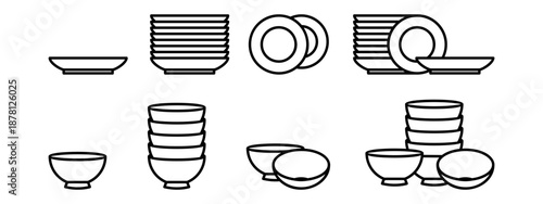 Plate bowl icon set vector line art illustration stack of dishes kitchenware crockery minimalist outline symbol isolated graphics.