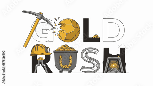 Golden gold rush text with mining tools icons