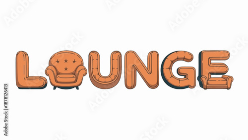 Orange lounge text with integrated chair icons playfully