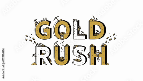 Gold rush text in crumbling golden rock style