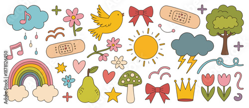 Whimsical Hand- Drawn Elements Featuring Sun Rainbow Clouds Bird Flowers and Pear hand-drawn doodle