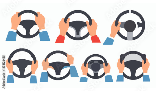 Steering wheel with cartoon hands flat vector set for driving and car control