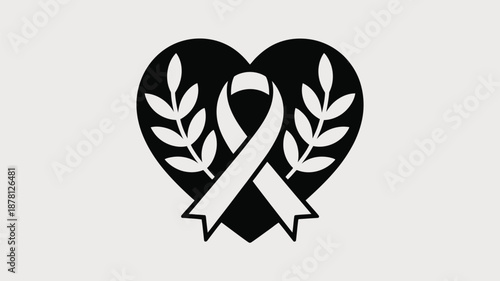 Black heart with white ribbon and leaves Vector
