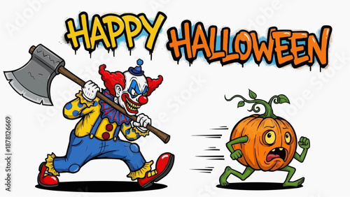 Spooky Halloween scene with clown chasing pumpkin