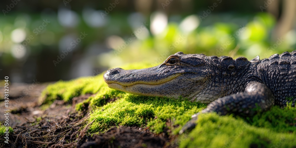 Obraz premium wildlife photography, a close-up of a huge american alligator on a muddy bank, with sharp detail on its scales and mossy back, and a sunlit florida wetland in the background