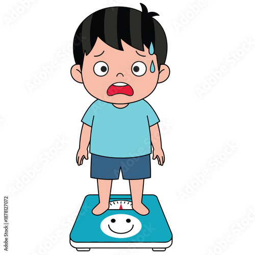 A cartoon boy looking worried while standing on a scale 