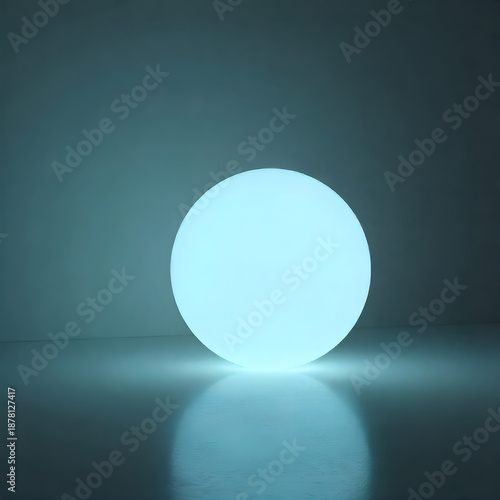 Glowing blue orb in dark room with reflective surface