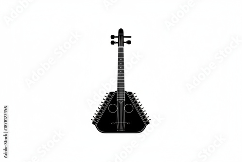 Monochrome String Instrument: A striking black and white representation of a stringed musical instrument, standing out against a stark and uncluttered backdrop.