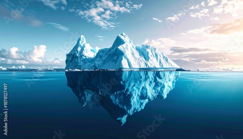 Gigantic Icebergs Hidden Mass in Deep Blue Ocean Under Cloudy Sky.