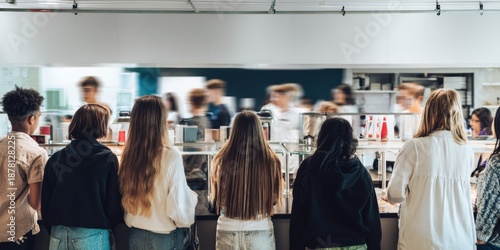 Students waiting in line for school cafeteria lunch