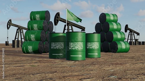 Saudi Arabia Oil Production Concept with Green Flag Barrels and Industrial Pump Jacks