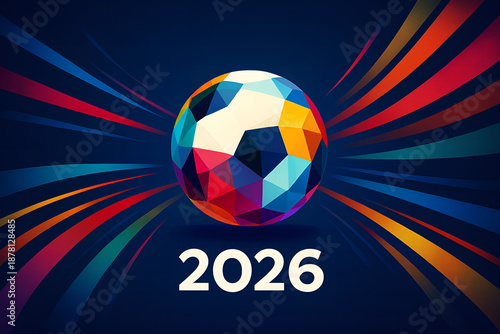 Geometric soccer ball bursts with energy radiating vibrant multicolored light streaks against a deep blue backdrop symbolizing the excitement