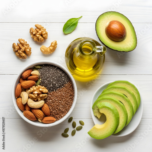 Assorted healthy food ingredients including sliced avocado, nuts, seeds, and olive oil arranged on a white wooden surface for a nutritious meal preparation or recipe