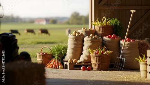 Freshly harvested vegetables including potatoes, carrots, and apples arranged in burlap sacks and baskets inside a rustic barn with a scenic farm view in the background