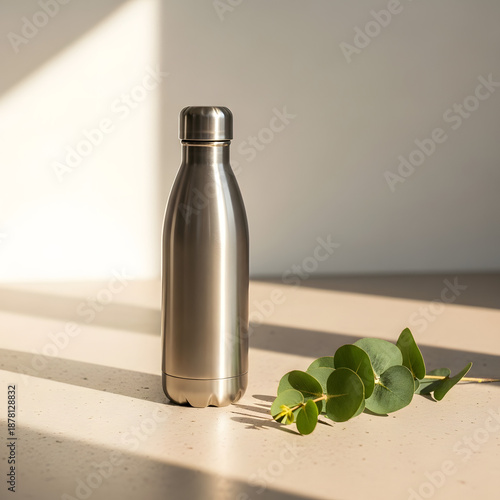 Stainless steel water bottle with a sleek design placed on a light-colored surface beside a green eucalyptus branch, illuminated by soft natural light during a minimalistic setup