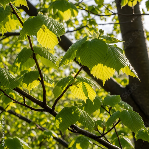 Bright green leaves with water droplets glistening in sunlight on a tree branch, showcasing vibrant foliage and natural beauty in a lush outdoor setting