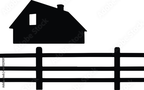 Silhouette simple country house with wooden fence in a landscape illustration vector