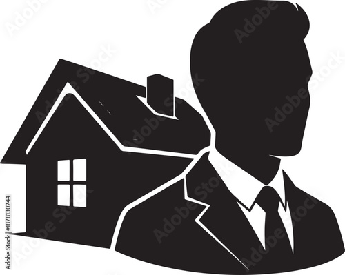 Black and white silhouette of a house with a broken heart and a person's profile also transparent background