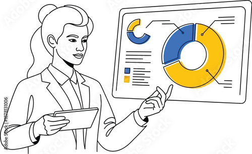 Businesswoman points to a digital dashboard displaying colorful pie charts and analytical data during a presentation.