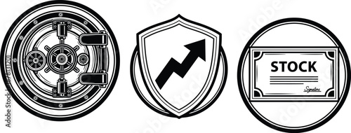 A set of three circular icons represents financial security, investment growth, and a stock certificate document.
