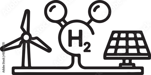 Hydrogen Energy Icon Featuring Molecule and Solar Panel Symbols for Sustainable Power Generation and Zero Emission Technology