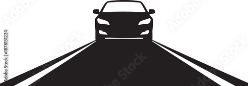 Black Car Silhouette on a Road with Headlights On also transparent background